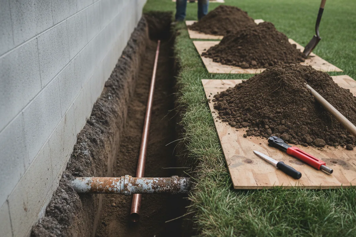 Excavated water line trench during Sewer Line Repair in Deeth